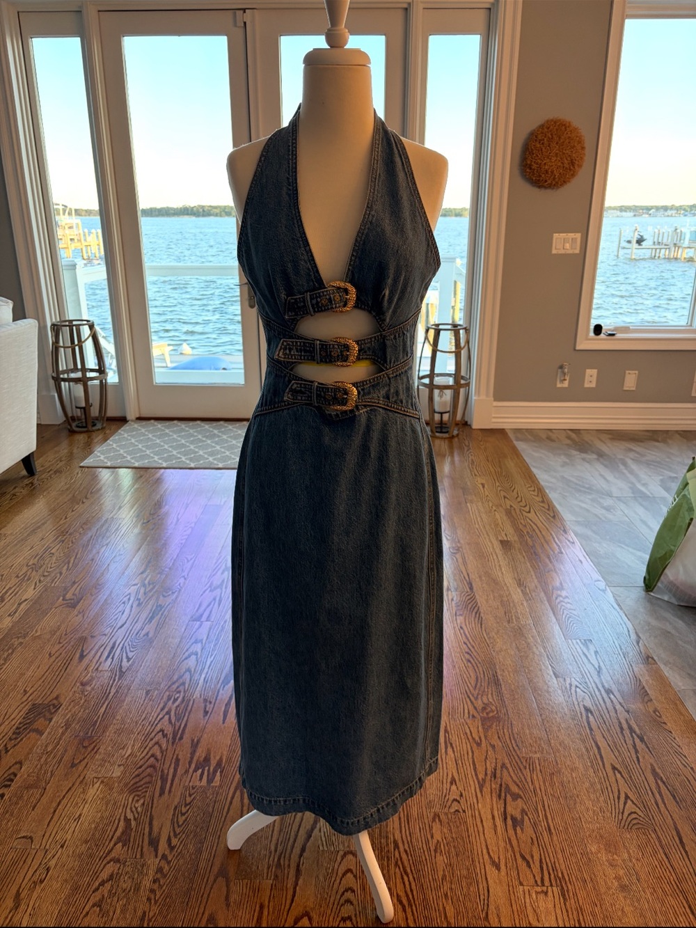 cult gaia Black Denim Halter Midi Dress with Triple Buckle Waist